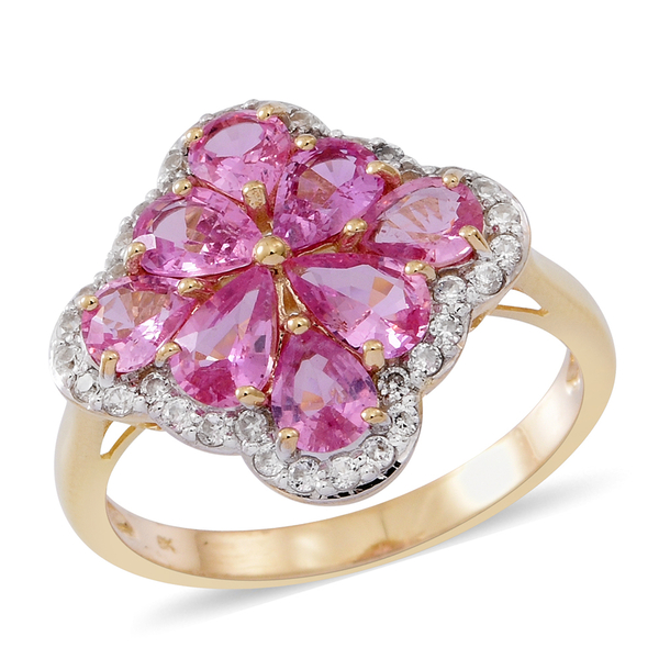 Designer Inspired - 9K Yellow Gold AAA Pink Sapphire (Pear), Natural Cambodian Zircon Ring 3.500 Ct.