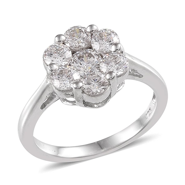 Lustro Stella - Platinum Overlay Sterling Silver (Rnd) 7 Stone Floral Ring Made with Finest CZ 1.270