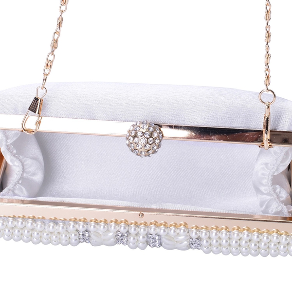 (Option 3) AAA White Austrian Crystal and Simulated White Pearl Clutch Bag with Chain Strap in Gold Tone (Size 17x9x4 Cm)
