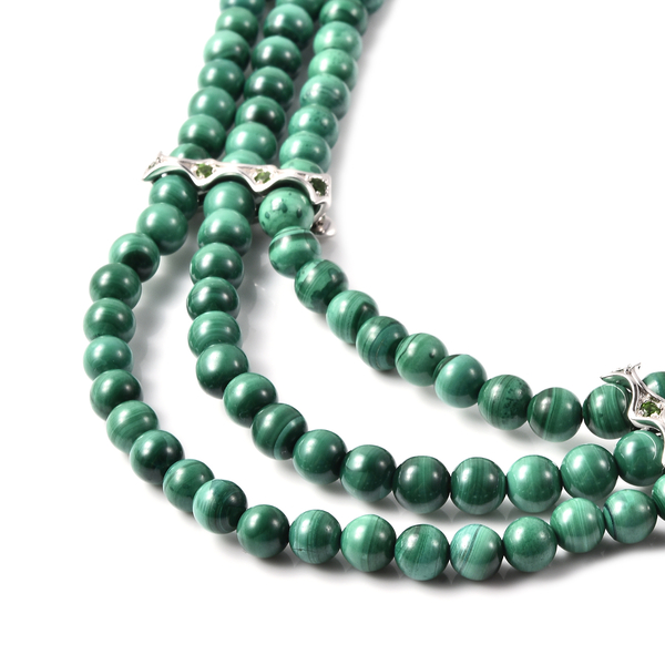 Malachite and Chrome Diopside Three-Layer Necklace (Size 20 with Extension) in Rhodium Overlay Sterling Silver 558.99 Ct.