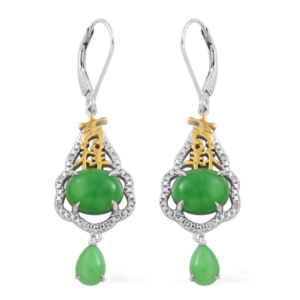 Chinese Green Jade (Ovl), White Topaz Lever Back Earrings in Yellow Gold Overlay and Sterling Silver