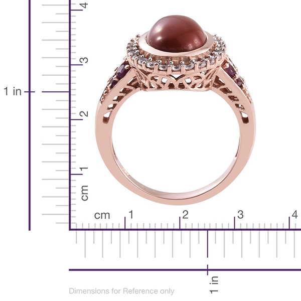 Red Jade (Ovl 6.90 Ct), Natural Cambodian Zircon and Rhodolite Garnet Ring in Rose Gold Overlay Sterling Silver 8.250 Ct. Silver wt. 6.16 Gms.