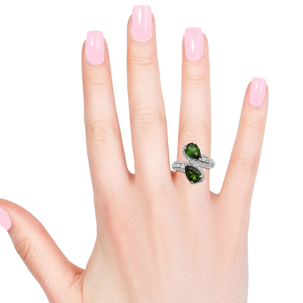 Chrome Diopside (Pear), Natural Cambodian Zircon By Pass Ring in Platinum Overlay Sterling Silver 4.750 Ct.