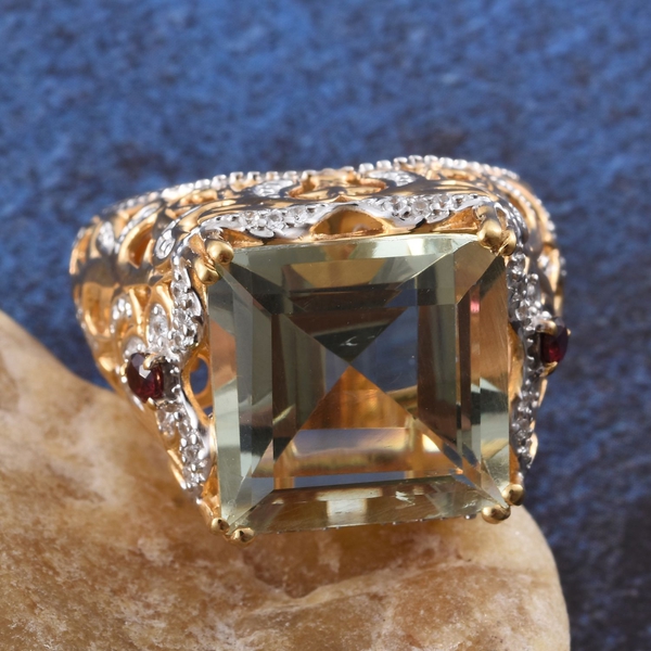 GP Green Amethyst (Sqr), Rhodolite Garnet, Kanchanaburi Blue Sapphire and Natural Cambodian Zircon Ring in 14K Gold Overlay Sterling Silver 10.455 Ct.