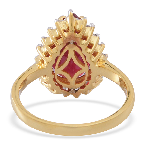 African Ruby (Pear 6.25 Ct), Natural Cambodian White Zircon Ring in 14K Gold Overlay Sterling Silver 7.000 Ct.