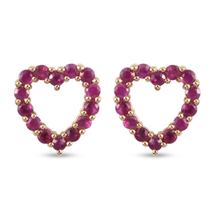 Ruby Heart Stud Earrings (with Push Back) in 14K Gold Overlay Sterling Silver 1.00 Ct.