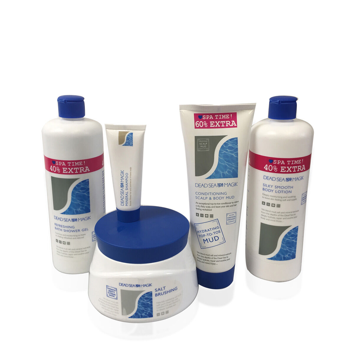 Dead Sea Spa Magik Mud & Salt Value Set- Spa Magik Refreshing Bath Shower Gel 500ml, Spa Magik Body Lotion 500ml, Spa Magik Salt Brushing 500g, Spa Magik 60% extra fill Scalp and Body MudSalt Brushing