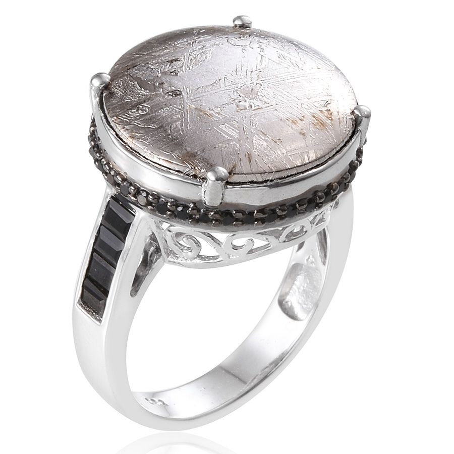 Meteorite (Rnd 19.25 Ct), Boi Ploi Black Spinel Ring in Platinum Overlay Sterling Silver 20.500 Ct.
