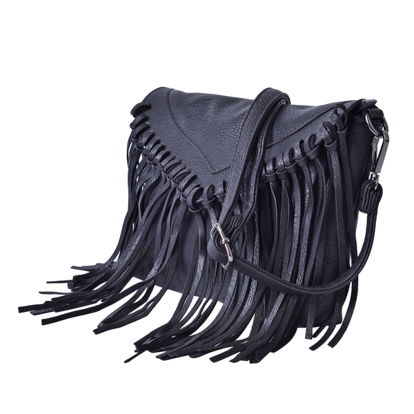 Black Colour Crossbody Bag with Tassels and Adjustable and Removable Shoulder Strap (Size 26x18 Cm)