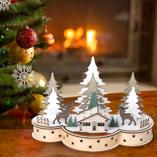 Christmas Decorative- Christmas Trees and Deer Wooden House LED Lights (Size 30x14x20cm)