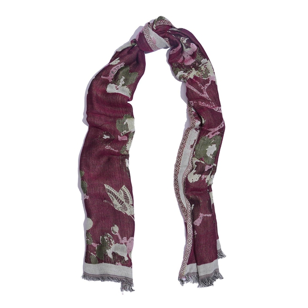 Designer Inspired Winter Special Cherry and Multi Colour Flower Pattern Scarf (Size 170x70 Cm)