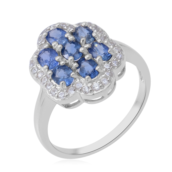Ceylon Sapphire and Natural Cambodian Zircon Floral Ring in Rhodium Overlay Sterling Silver 2.20 Ct.