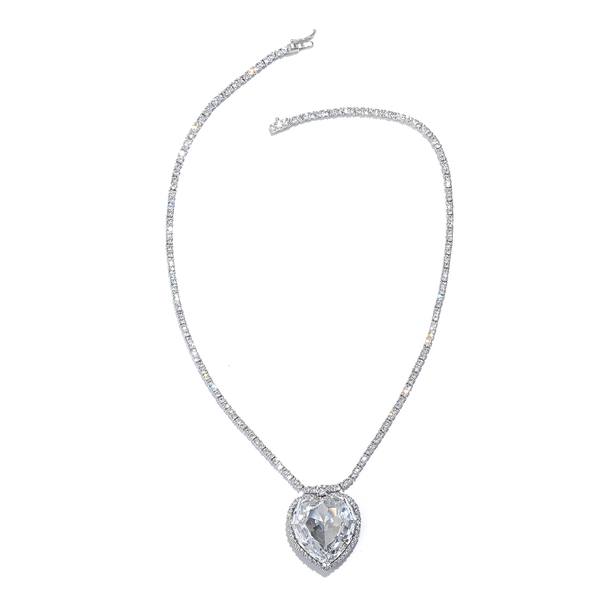 J Francis  - White Crystal (Hrt) Necklace (Size 18) in Platinum Overlay Sterling Silver, Silver wt 22.27 Gms. Number of Crystals 207