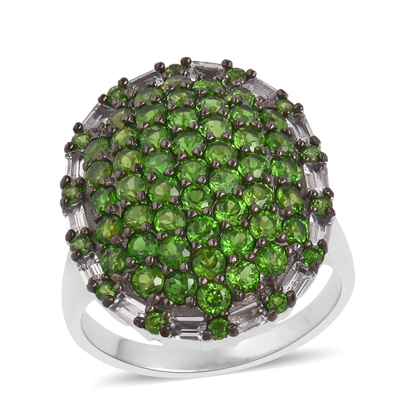 Designer Inspired- Chrome Diopside and Natural White Cambodian Zircon Cluster Ring in Black Rhodium 