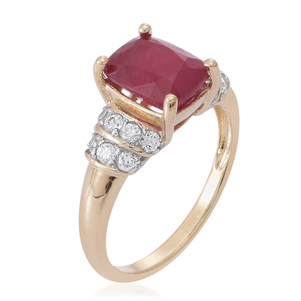 9K Y Gold African Ruby (Cush 3.25 Ct), Natural Cambodian White Zircon Ring 3.750 Ct.