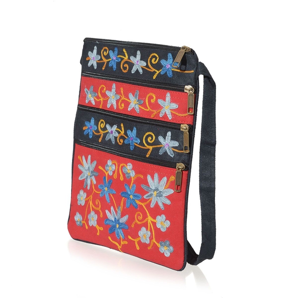 Suede Fabric Multi Colour Flower Hand Embroidered Red and Grey Colour Satchel with External Zipper Pocket (Size 9.5x8 inch)