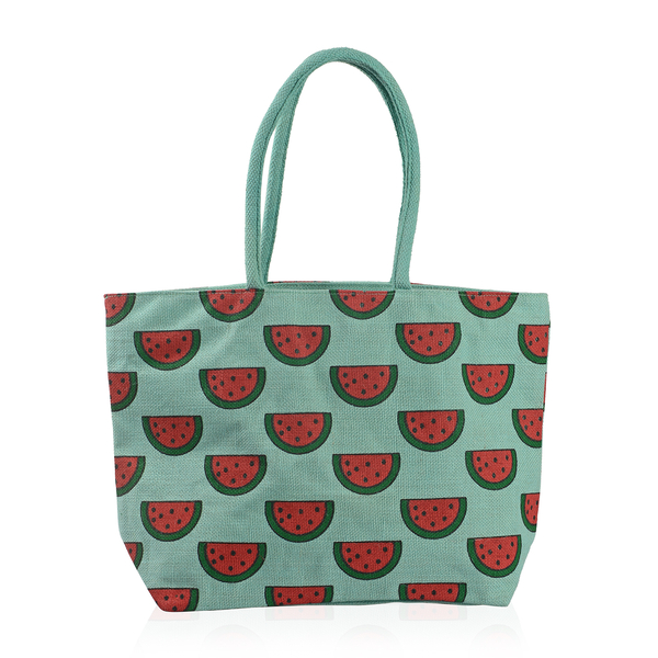 100% Cotton Off White, Red and Multi Colour Flower and Leaves Pattern Apparel (Size Free), Cap (Size 36x34 Cm) and Watermelon Pattern Jute Handbag (Size 48x40x34x15 Cm)