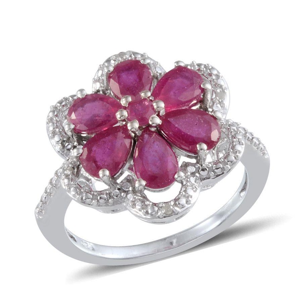 African Ruby (Pear), Diamond Floral Ring in Platinum Overlay Sterling Silver 2.920 Ct.