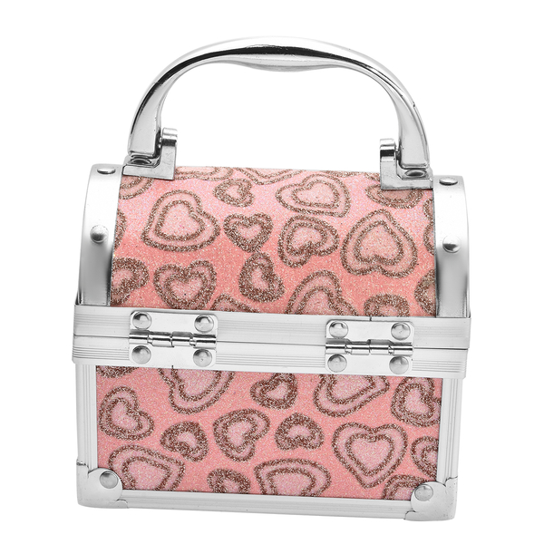 2 Layer Heart Pattern Aluminium Jewellery Organiser with Handle, Lock and Inside Mirror (Size 12x10x7.5 Cm) - Pink