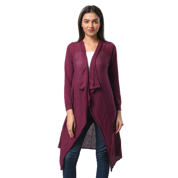 Marigold Lotus- 100% Cotton Knit Long Sleeve Waterfall Cardigan in Purple; L-XL (UK Size 16-20)