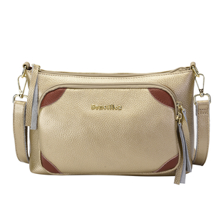 SENCILLEZ Genuine Leather Crossbody Bag with Detachable Strap and Zipper Closure - Gold