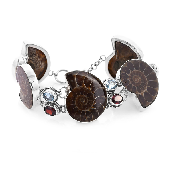 Royal Bali Collection - Ammonite, Sky Blue Topaz and Mozambique Garnet Bracelet (Size 5.5 with 0.5 i