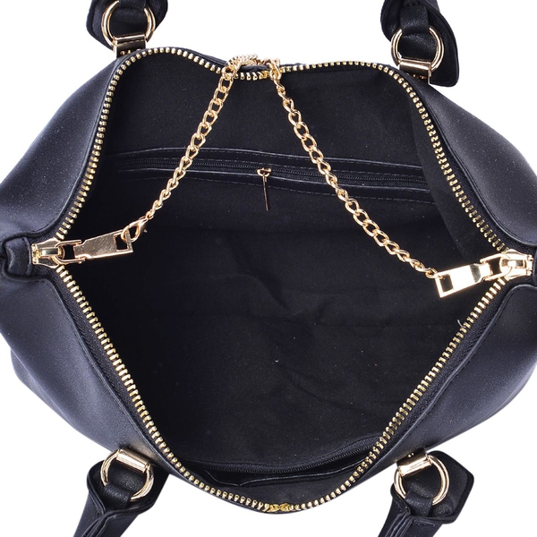 Set of 2 - Black Colour Handbag With Adjustable and Removable Shoulder Strap (Size 25.5x13.5 Cm and 13.5x11x3.5 Cm)