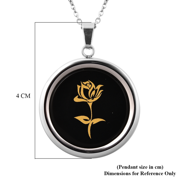 Black Agate Rose Pattern Pendant with Chain (Size 20) with Magnifying Glass Tool in Stainless Steel