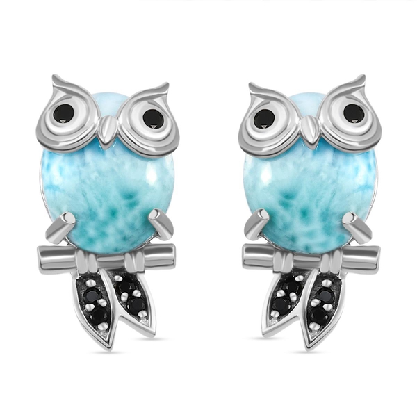 GP - Larimar, Black Spinel and Kanchanaburi Blue Sapphire Owl Stud Earrings (With Push Back) in Plat