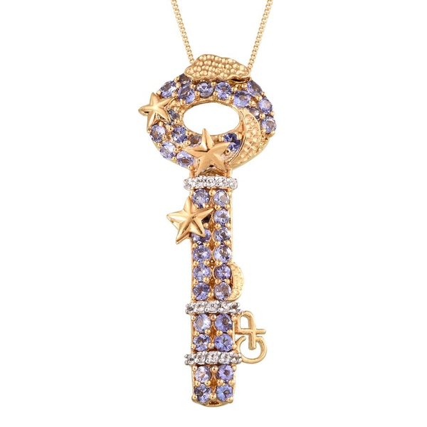 GP Tanzanite (Rnd), White Topaz and Kanchanaburi Blue Sapphire Key Pendant With Chain in 14K Gold Overlay Sterling Silver 3.250 Ct.