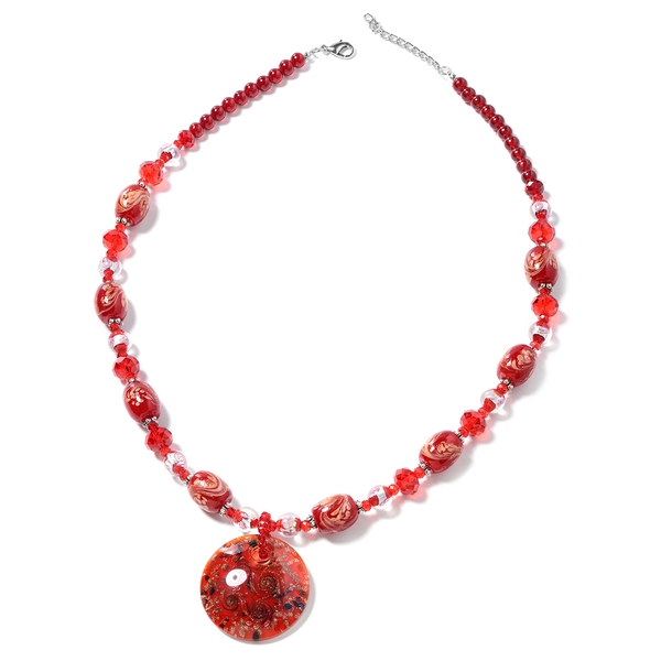 Red Murano Style Glass and Simulated Ruby Beaded Necklace in Silver Plated 28 with 3 inch Extender