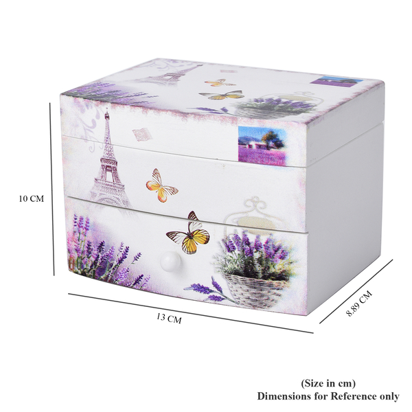 2 Layer Musical Butterfly and Tower Printed Jewellery Box with Drawer and Inside Mirror (Size 13x10x9cm) - White & Multi