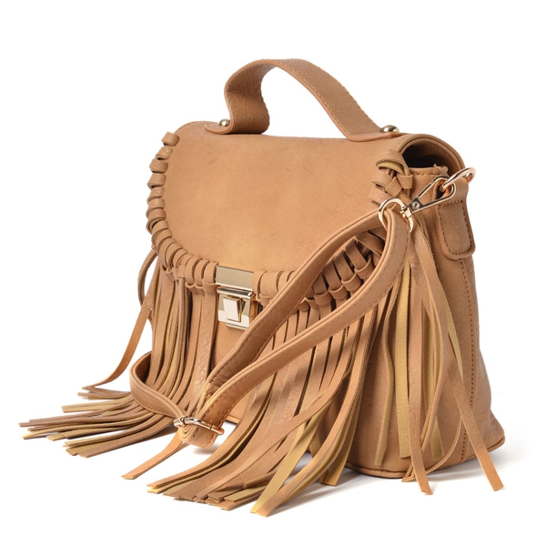 Beige Colour Crossbody Bag with Tassels and Removable, Adjustable Shoulder Strap (Size 26x20x11.5 Cm)