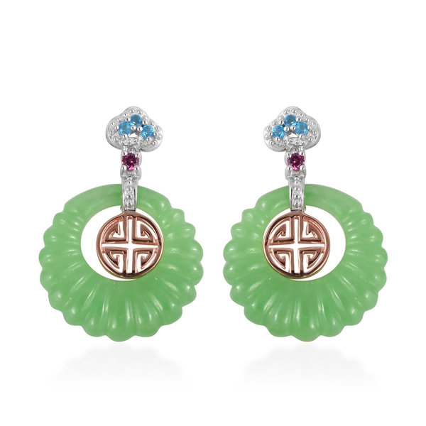 32.50 Ct Green Jade and Multi Gemstone Drop Earrings in Rhodium and Rose Gold Plated Silver