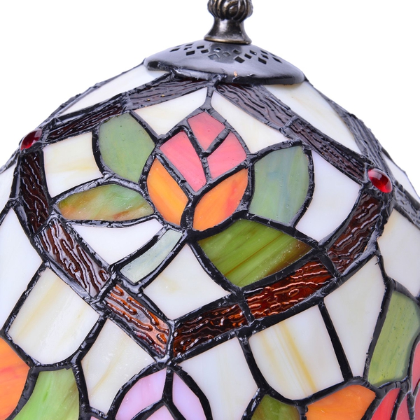 Limited Edition - Tiffany Style Table Lamp with Stained Glass Green, White and Multi Colour Red Colour Stones