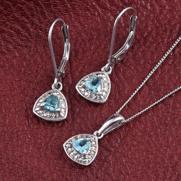 Paraibe Apatite (Trl), Diamond Pendant With Chain and Lever Back Earrings in Platinum Overlay Sterling Silver 0.780 Ct.