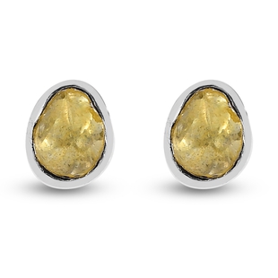 Artisan Crafted Yellow Polki Diamond Stud Earrings (with Push Back) in Platinum Overlay Sterling Sil