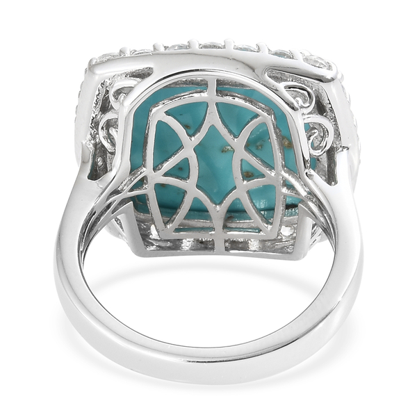 AA  Arizona Sleeping Beauty Turquoise (Cush 9.50 Ct), Natural White Cambodian Zircon Ring in Platinum Overlay Sterling Silver 10.750 Ct