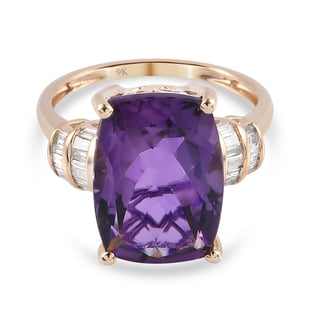 9K Yellow Gold Natural Moroccan Amethyst (Cus 14x10mm) and Diamond Ring 6.22 Cts.