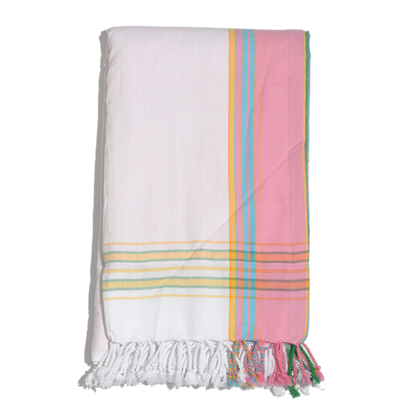 100% Cotton (Front) and 100% Polyester (Back) White with Light Pink Border Kikoy Beach Towel (Size 1
