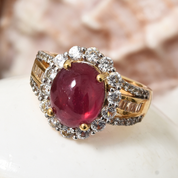 African Ruby (Ovl), Natural Cambodian Zircon Ring in 14K Gold Overlay Sterling Silver 8.250 Ct.