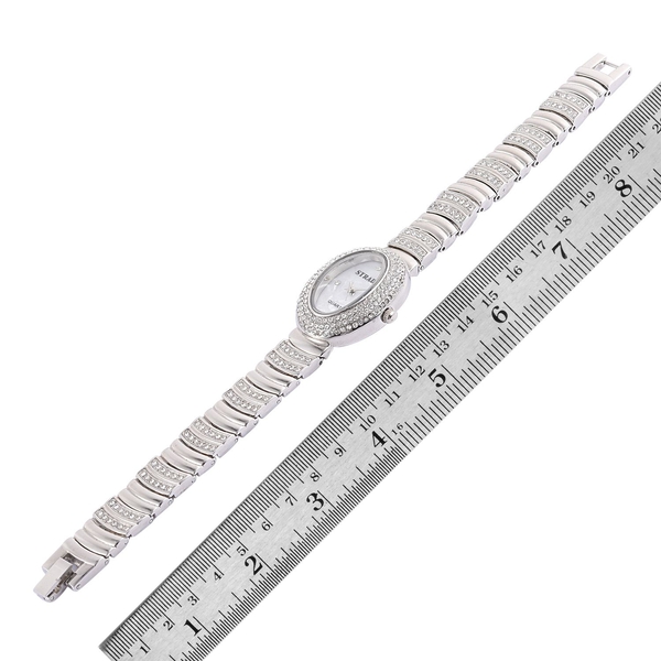 STRADA Japanese Movement White Austrian Crystal Studded White Dial Water Resistant Watch in Silver Tone with Stainless Steel Back and Silver Chain Strap