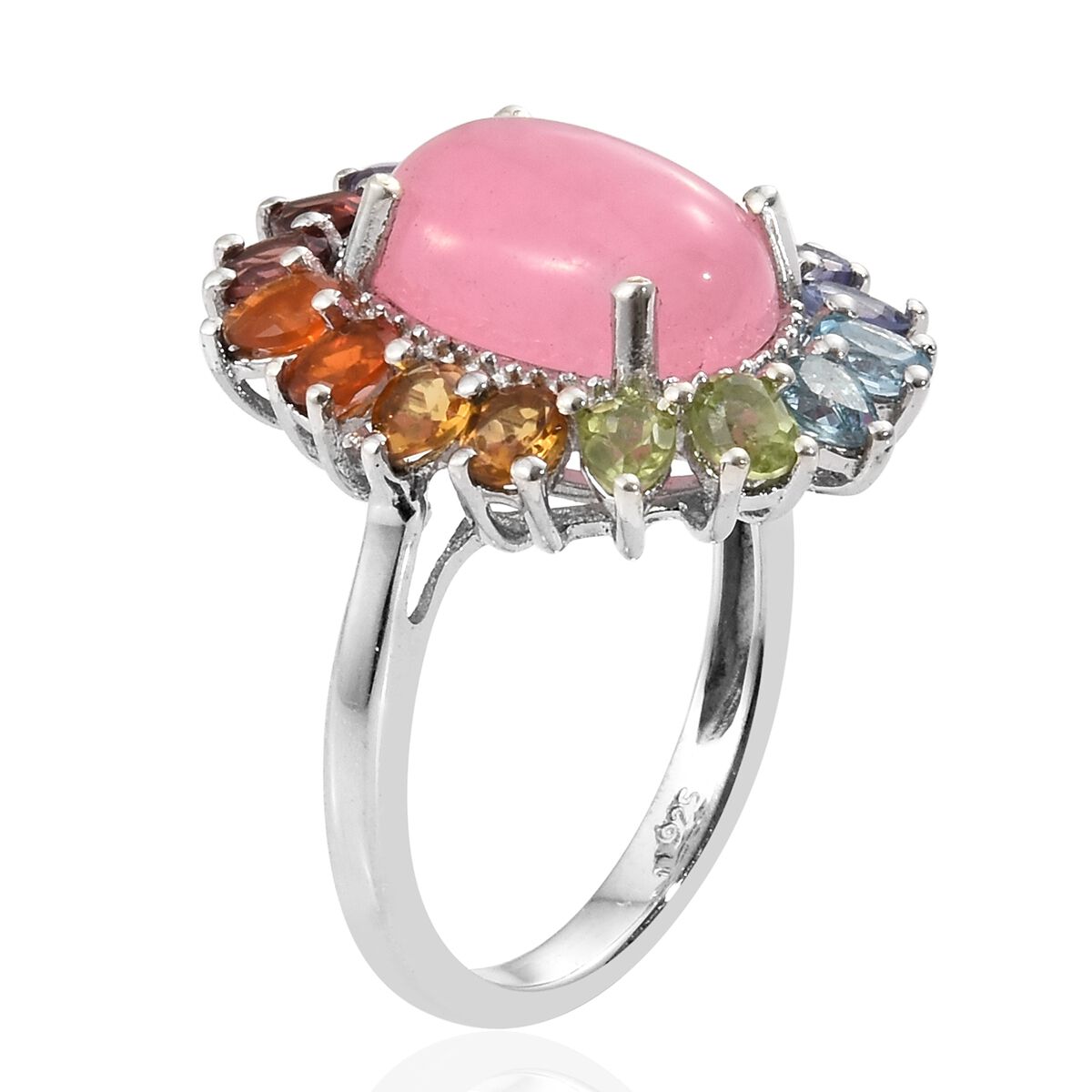Pink Jade (Ovl 7.45 Ct),Tanzanite, Hebei Peridot, Blue Topaz, Mozambique Garnet, Amethyst, Citrine and Multi Gemstone Ring in Platinum Overlay Sterling Silver 10.000 Ct. Silver wt. 5.10 Gms.