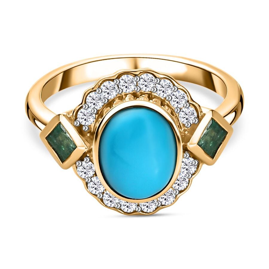 Arizona Sleeping Beauty Turquoise & Natural Zircon & Zambian Emerald Ring in 18K Yellow Gold Vermeil Plated Sterling Silver 2.38 Ct.
