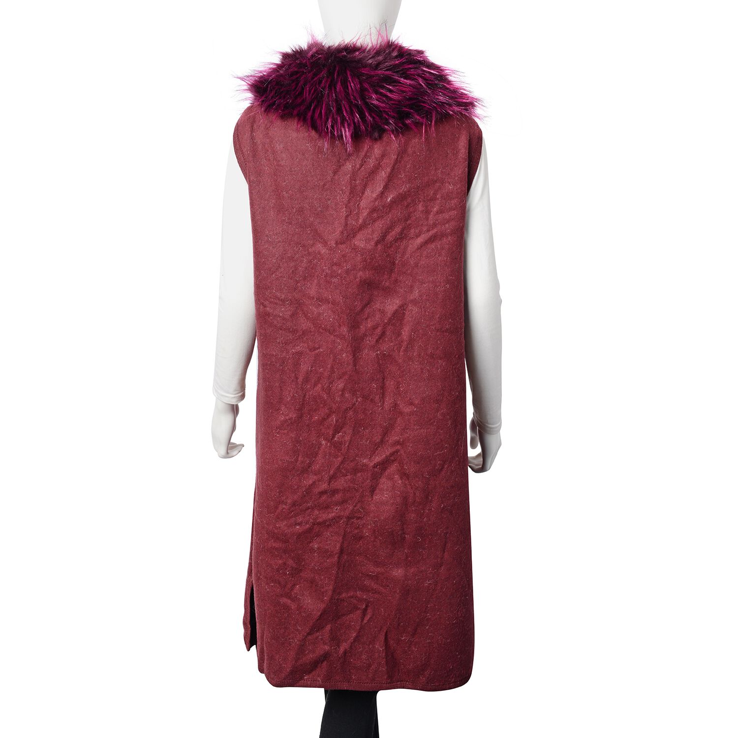 Faux Fur Collar Long Vest Cardigan with 2 Pockets (Size 106x53 Cm) Wine Red Colour