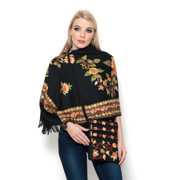 100% Fine Merino Wool Multi Colour Flowers Embroidered Black Colour Shawl (Size 180x70 Cm) with Sued