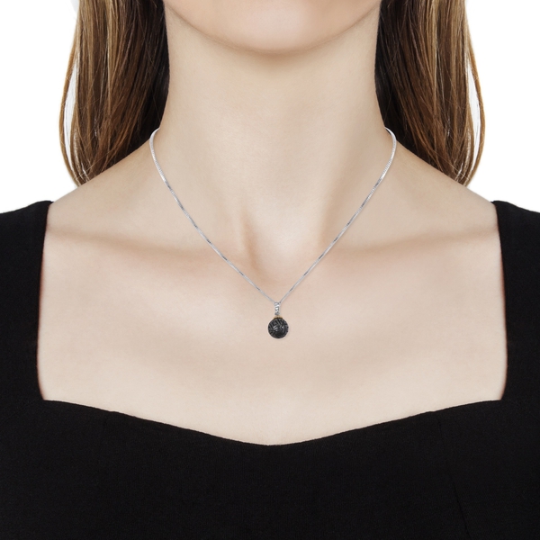 Hand Carved Tahitian Pearl (Rnd 10-11mm), Natural Cambodian Zircon Pendant with Chain in Rhodium and Gold Plated Sterling Silver