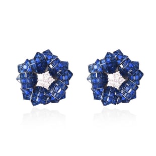 Lustro Stella - Mystery Setting Simulated Blue Sapphire and Simulated Diamond Floral Stud Earrings (