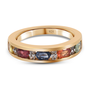 Rainbow Sapphire and Natural Cambodian Zircon Band Ring in 14K Gold Overlay Sterling Silver 1.31 Ct.