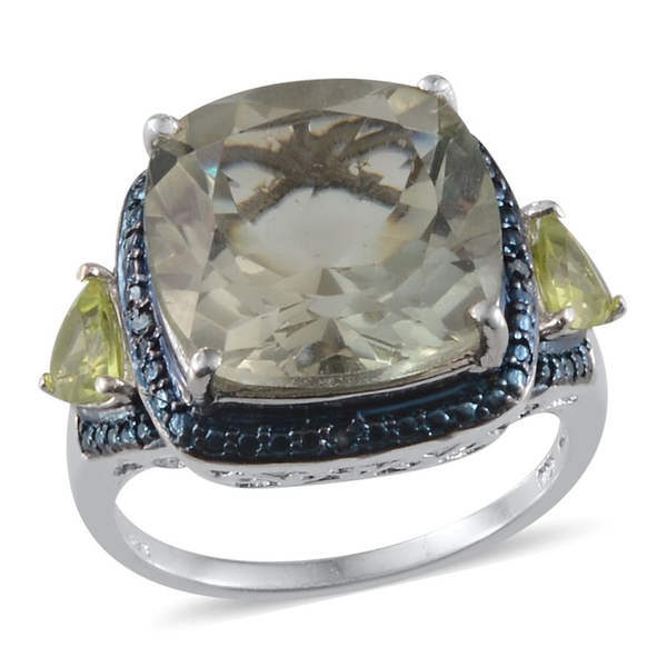 Green Amethyst (Cush 9.00 Ct), Hebei Peridot and Blue Diamond Ring in Platinum Overlay Sterling Silv